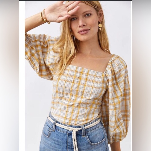 Anthropologie Tops - MAEVE ANTHROPOLOGIE PLAID SQUARE-NECK PUFF SLEEVE SMOCKED BLOUSE TOP SIZE: M